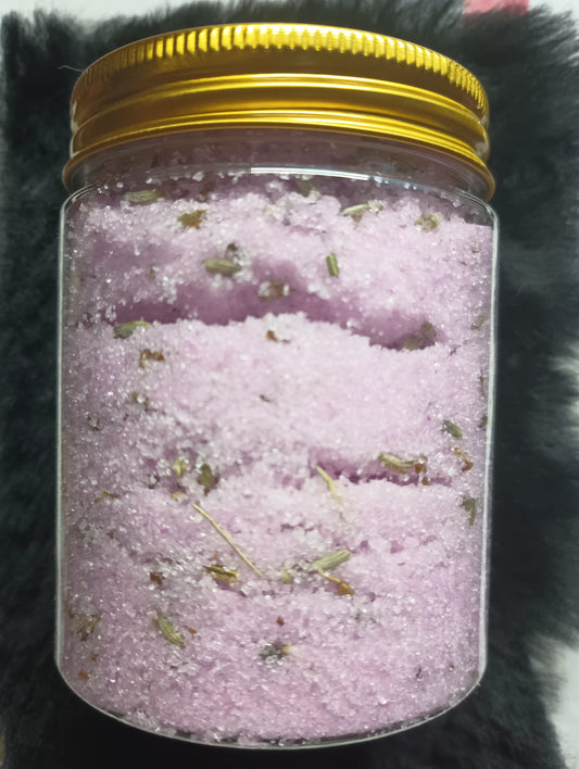 Lavender sugar scrub with Lavender flowers and coconut oil